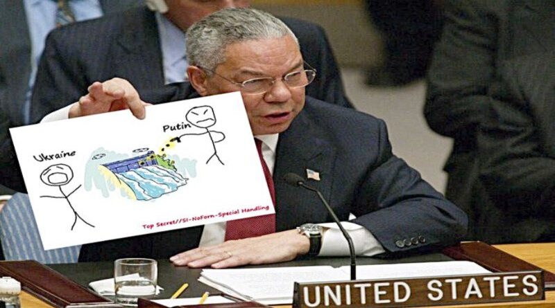 meme que ridiculiza las mentiras de Colin Powell, y la relación con las mentiras sobre la represa de Kajovka