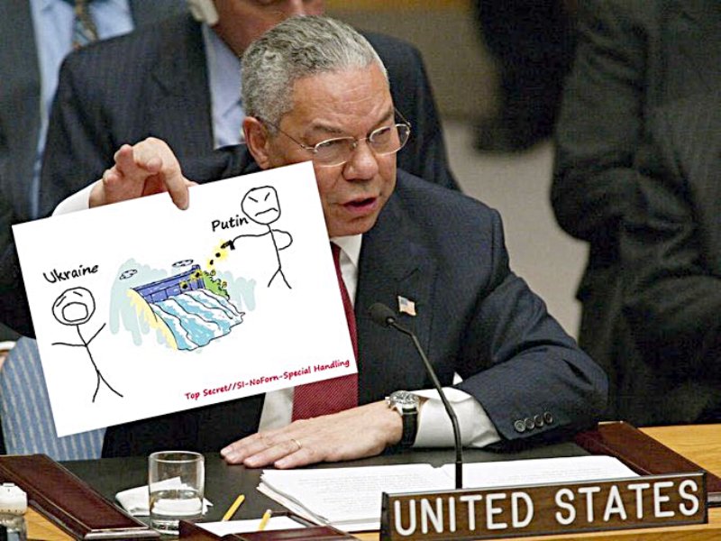 meme ridiculizando a Colin Powell como símbolo de la mentira estadounidense, esta vez con las mentiras sobre la represa de Kajovka