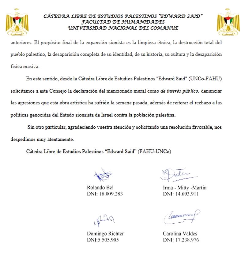 Nota de la Cátedra Libre de Estudios Palestinos al Consejo Directivo de la Faculta de Humanidades (pag. 2)