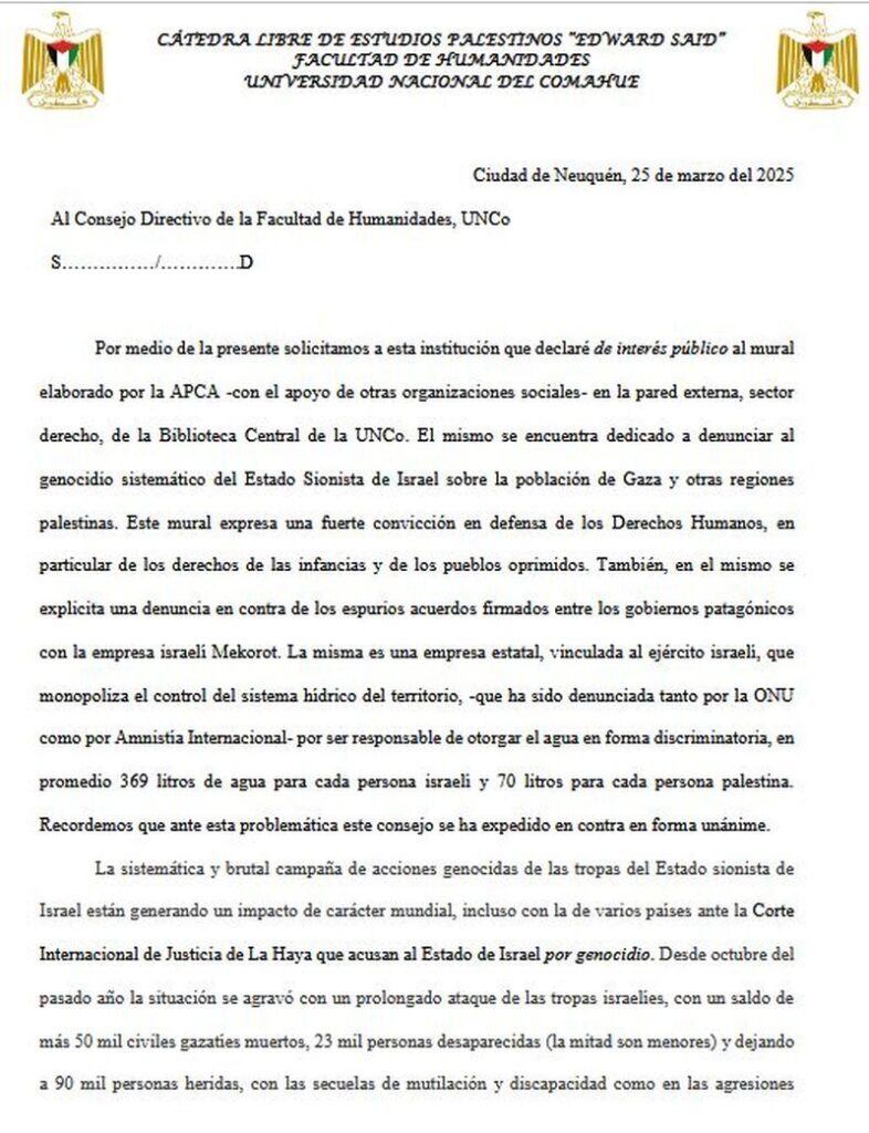nota de la Cátedra Libre de Estudios Palestinos al Consejo Directivo de la Faculta de Humanidades