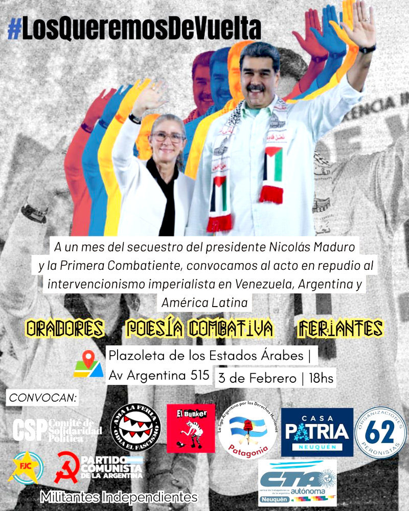 flyer de actividad por la libertad de Nicolás Maduro y Cilia Flores en Neuquén